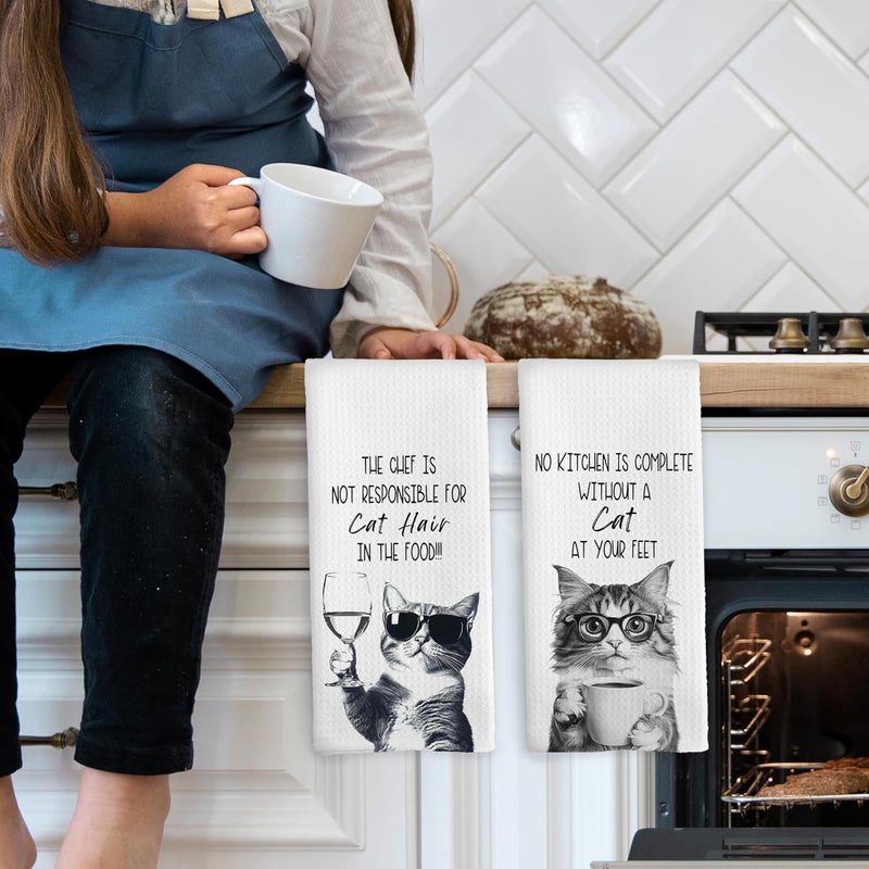 Mcehtle Funny Cat Kitchen Towels Set of 2, Cats Kitchen Accessories, Coffee Wine Station Decor, Chef Gift Hand Towel, No Kitchen is Complete Without a Cat at Your Feet Tea Towel 16x24 Inch - Image 3